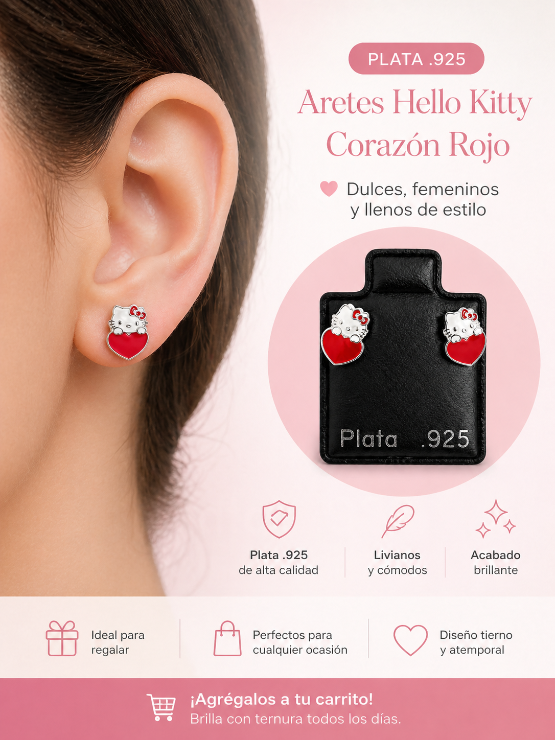 Aretes de Plata .925 Hello Kitty Corazón Rojo 2 PLT00008