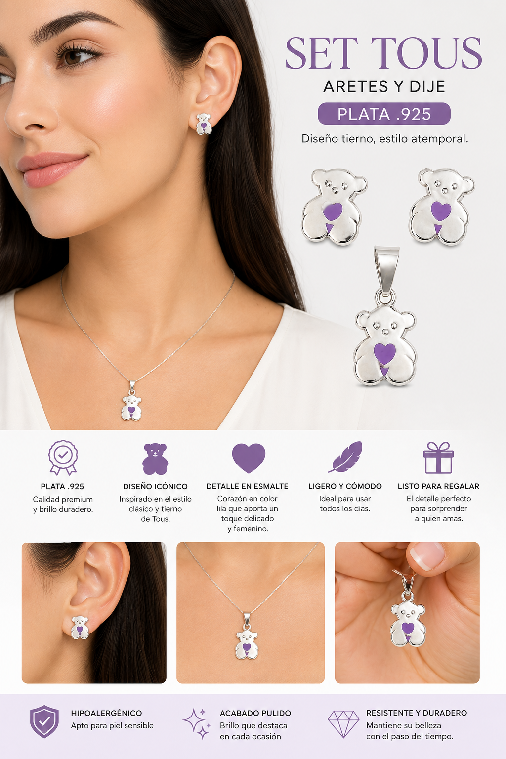 Set de Aretes y Dije Diseño Osito con Corazón f 2 PLT00011