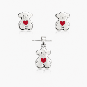 Juego de Aretes y Dije Osito en Plata .925 con Corazón Rojo