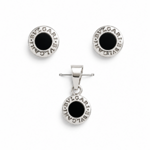 Juego de Aretes y Dije Estilo Bvlgari en Plata .925 con Piedra Negra