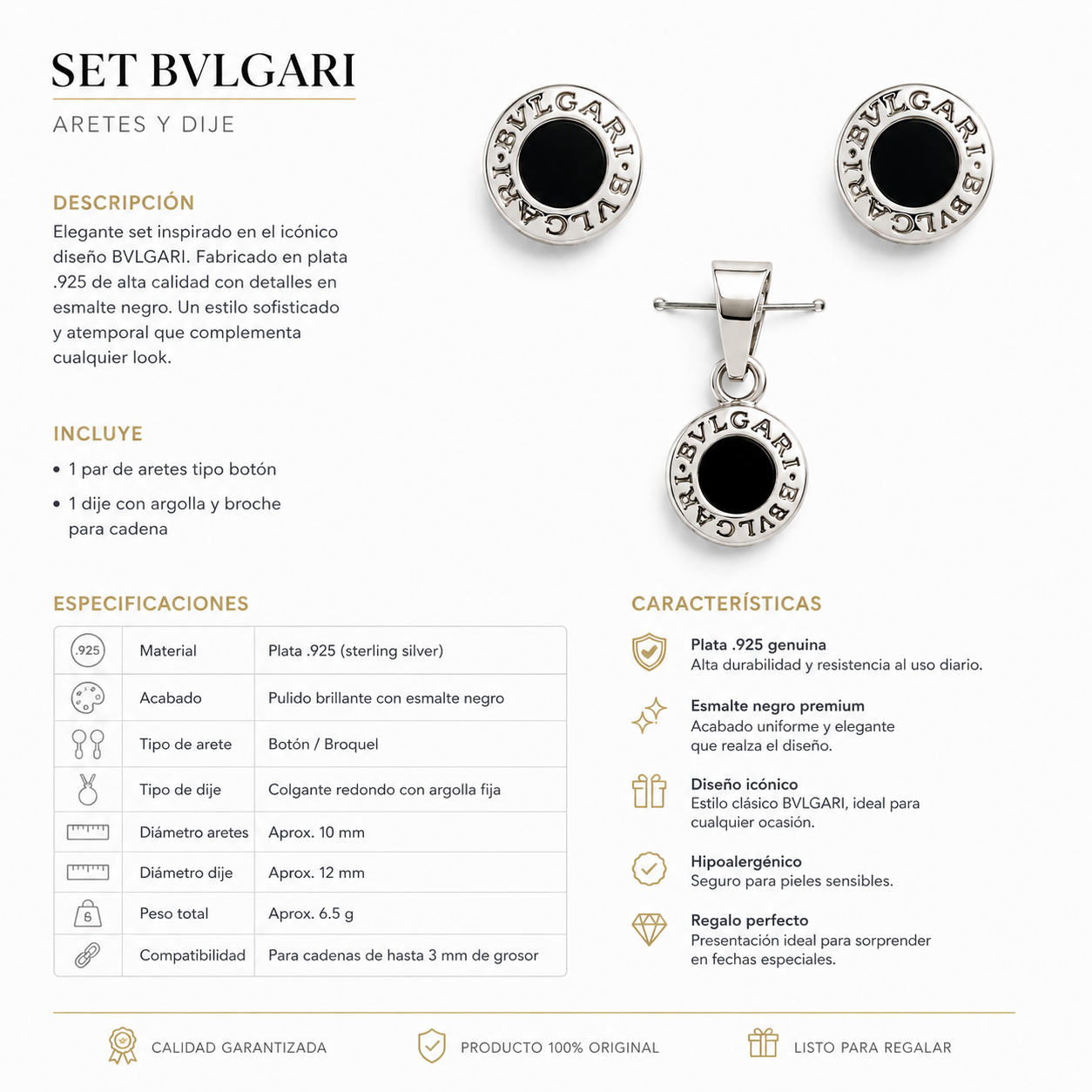 Juego de Aretes y Dije Tipo bulgary 300 3 PLT000