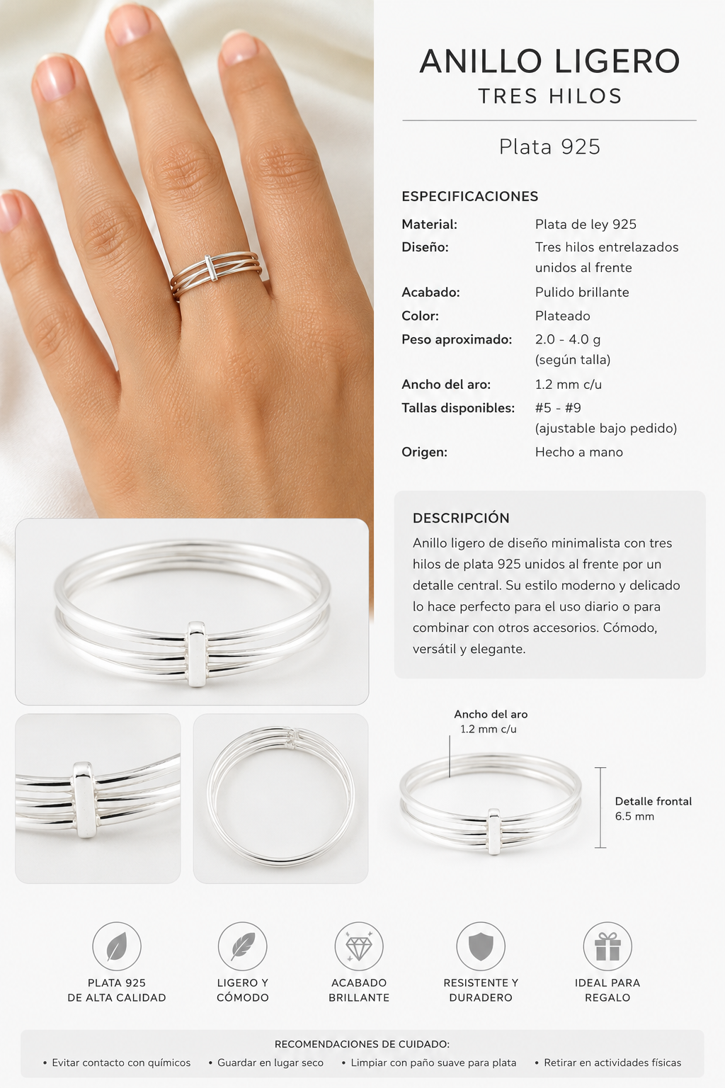 anillo ligero 3 hilos plata 925 120 3 PTL00017